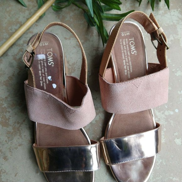 TOMS Poppy Metallic Sandals Size 10 Pink Rose Gold Strappy Block Heel Suede - Picture 3 of 8